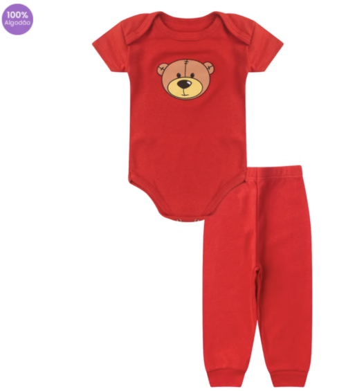 Conjunto Body Bebê Manga Curta Menino 2 Peças Urso Vermelho - TonTon Kids